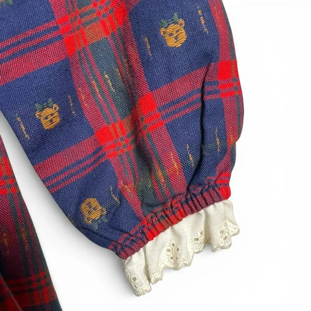 Vintage girls red blue Plaid teddy bear Dress with Lace Collar trim bows size 5